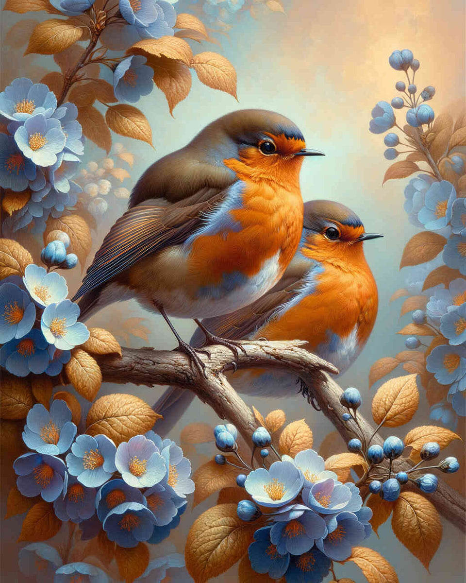 Robin, blue flowers — Diamond Painting Kit design