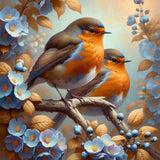 Robin, blue flowers — Diamond Painting Kit design