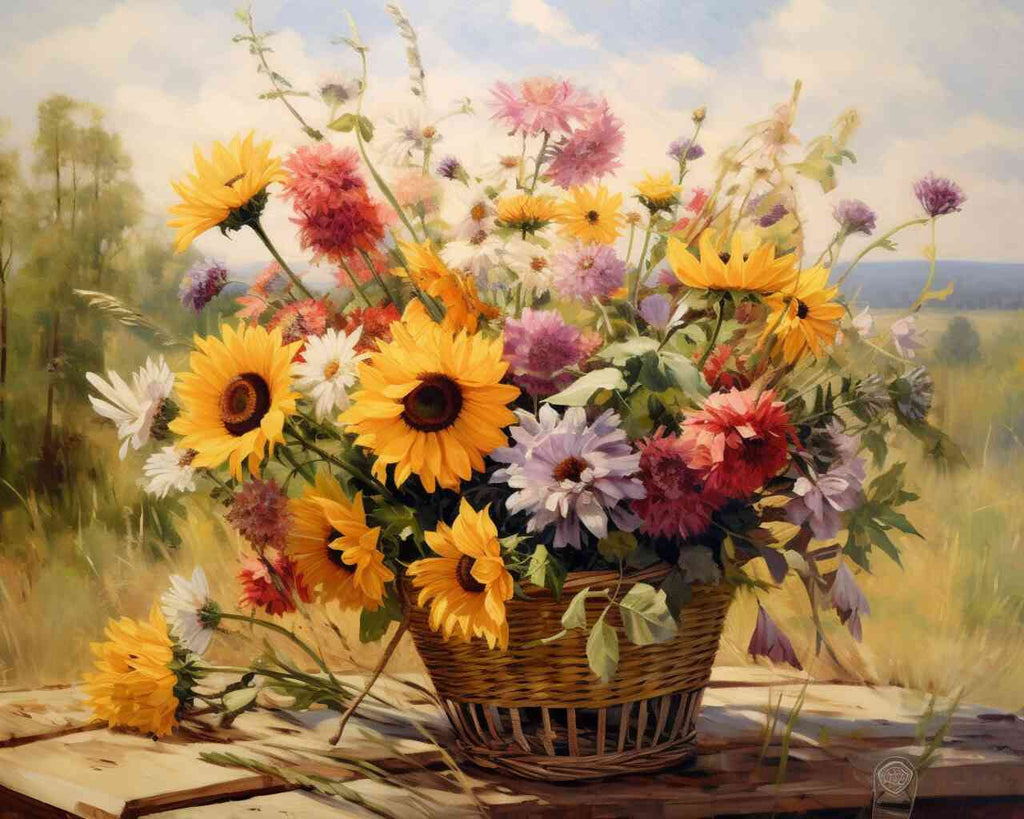 DIY Diamond Painting - Summer Dance of Flowers featuring vibrant sunflowers, daisies, and asters in a lush basket under summer light