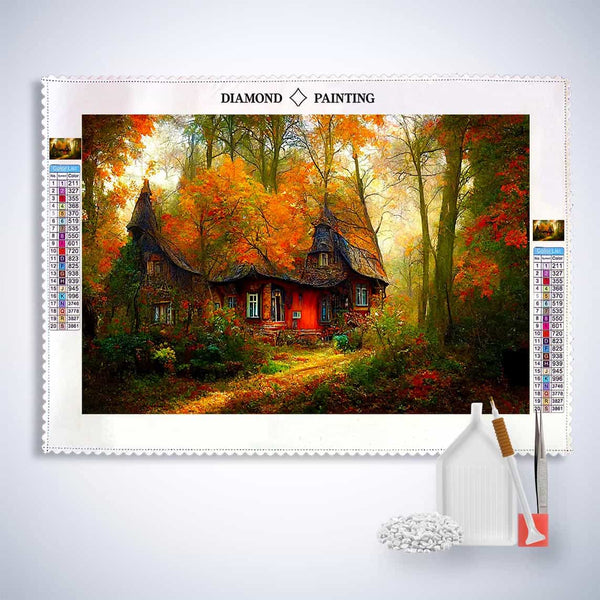 Pointed roof house in the forest — Diamond Painting Kit, product view 3
