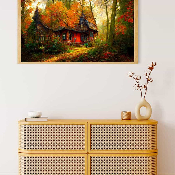 Pointed roof house in the forest — Diamond Painting Kit, product view 4
