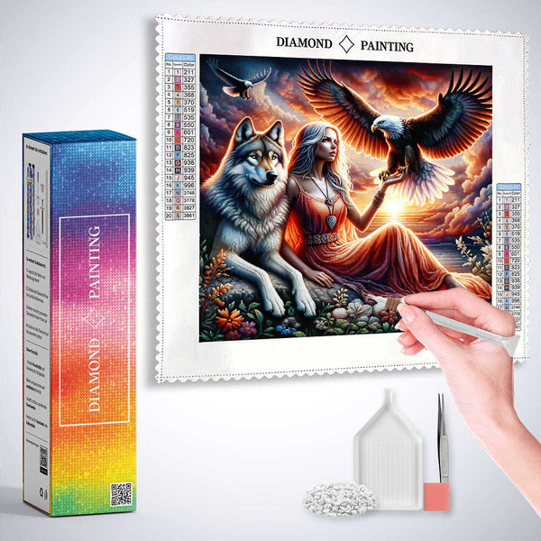 Woman with eagle and wolf — Diamond Painting Kit, product view 3