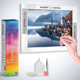 Village on a mountain lake with water reflection — Diamond Painting Kit, product view 2