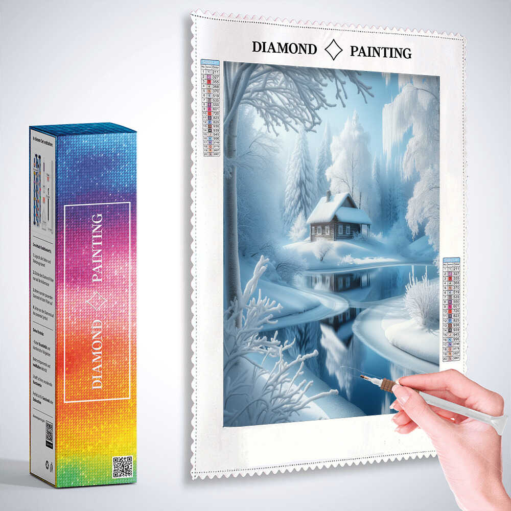 House by the river in the snow — Diamond Painting Kit, product view 3