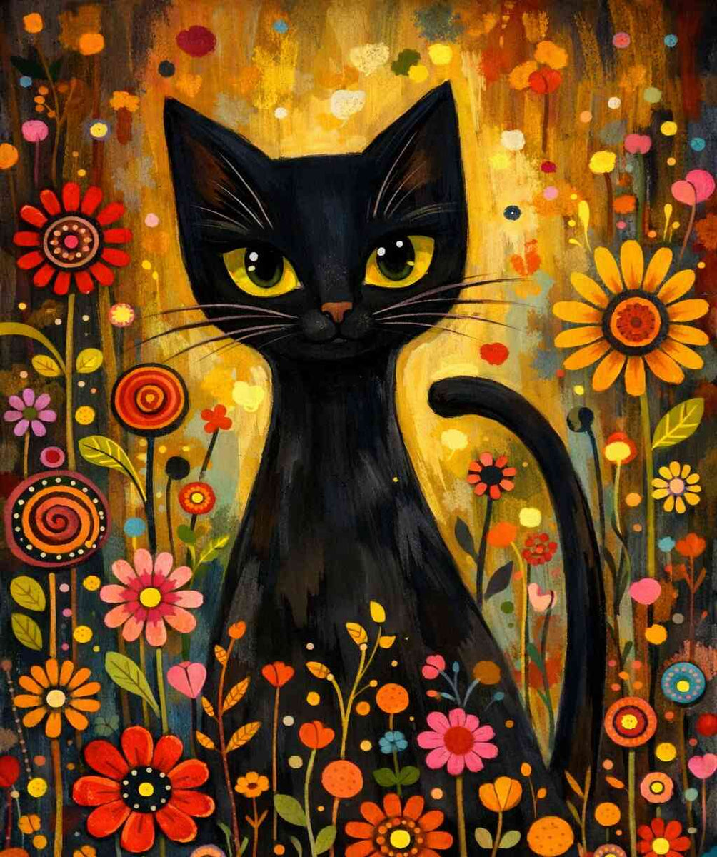 Black Cat in a Floral Wonderland — Diamond Painting Kit design