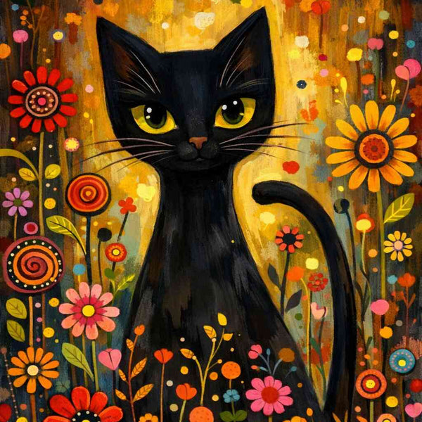 Black Cat in a Floral Wonderland — Diamond Painting Kit design