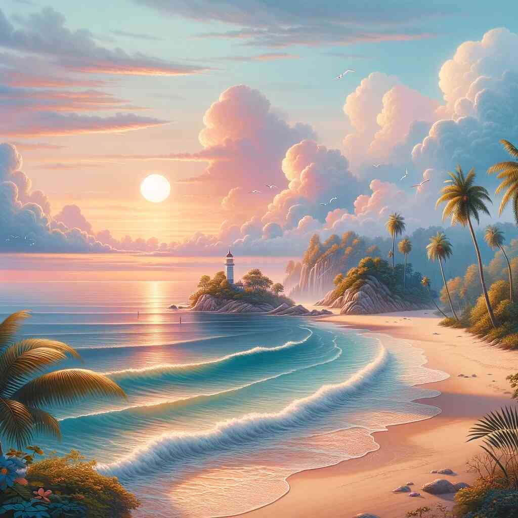 DIY diamond painting of a tropical sunset with pastel-colored sky, lighthouse, waterfalls, and white sandy beach. Coastal Wonders at Sunset.