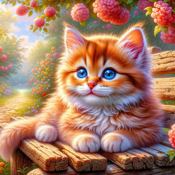 Kitten on a Garden Bench — Diamond Painting Kit design