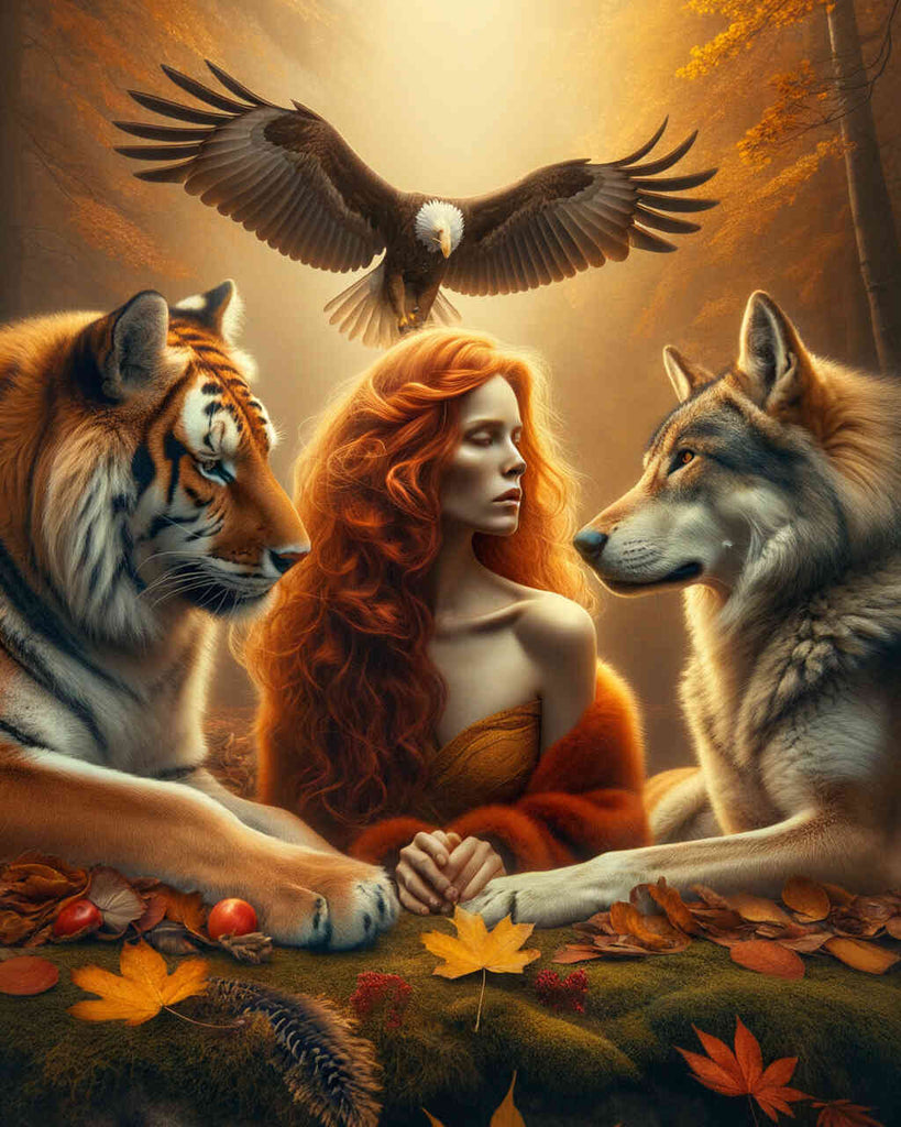 Diamond Painting - Woman with Tiger Wolf and Lion