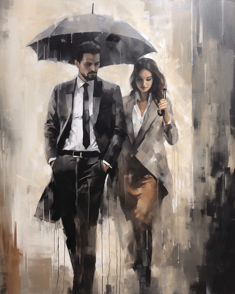 Diamond painting of a man and woman sharing an umbrella, both dressed in formal attire, walking together on a rainy day.