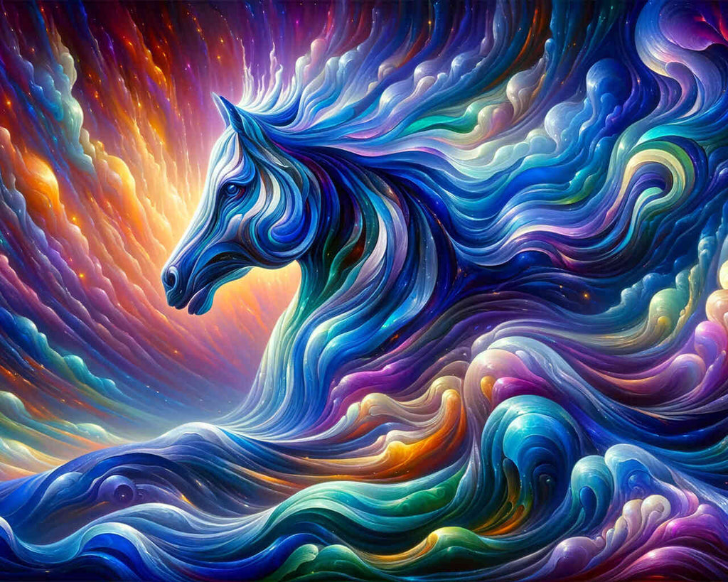 Diamond painting of a water horse in vibrant swirling colors and a magical atmosphere.