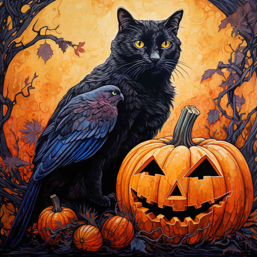 Diamond Painting - crow and cat and pumpkin