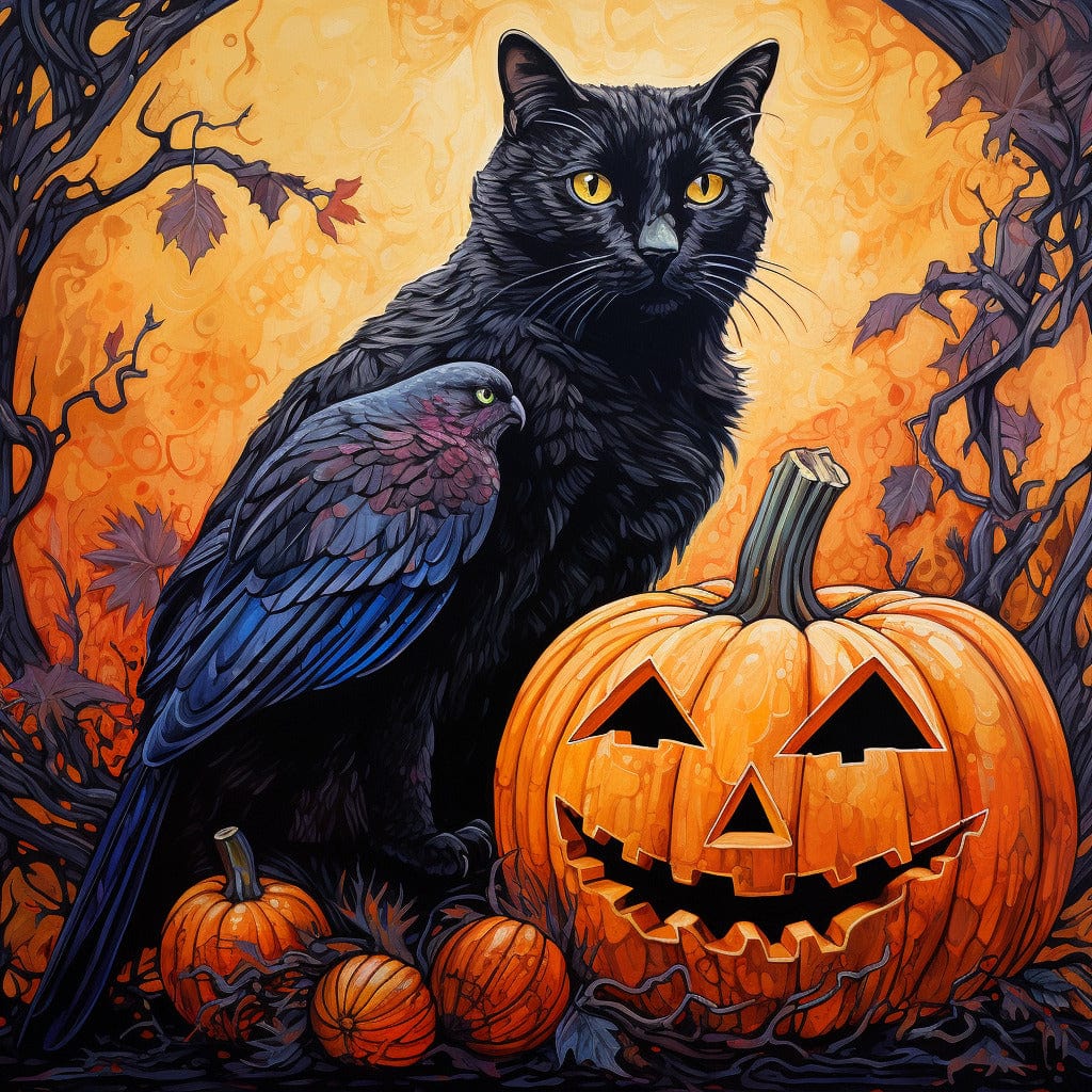 Diamond Painting - Halloween pumpkin with crow and cat