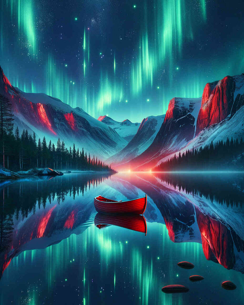 Diamond Painting - Northern Lights, Red Boat