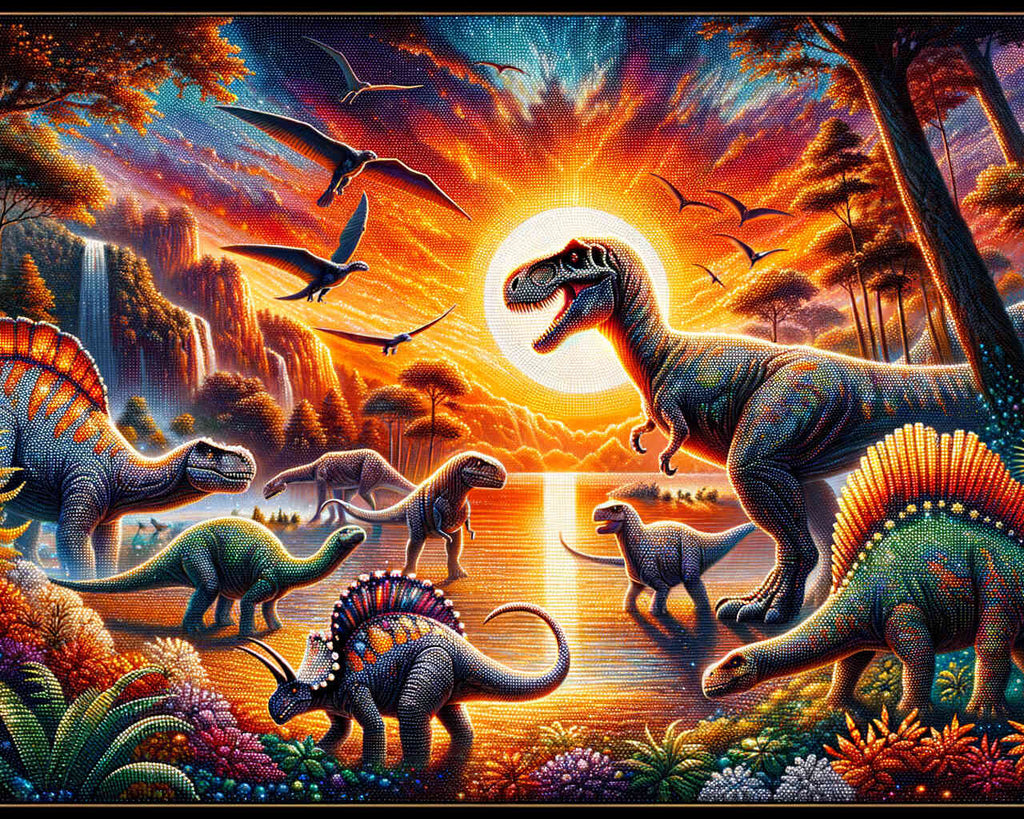 Vibrant diamond painting of various dinosaurs at sunset with a waterfall and lush forest background.