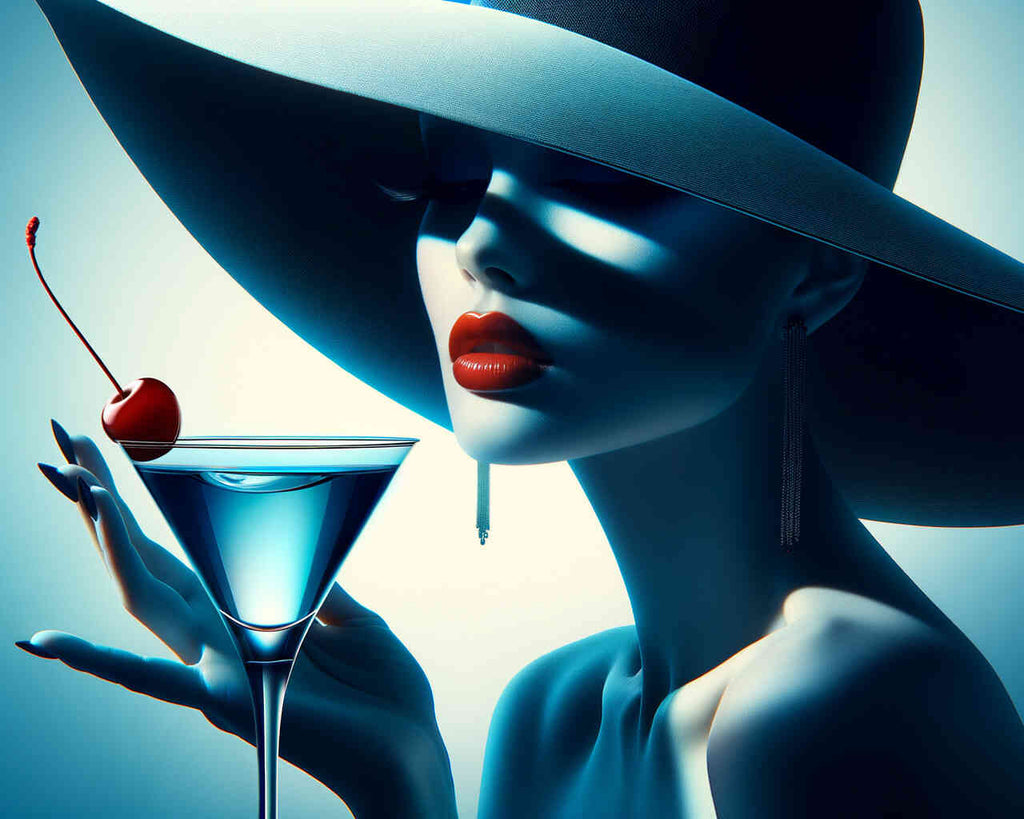 Woman with big hat drinking martini with cherry