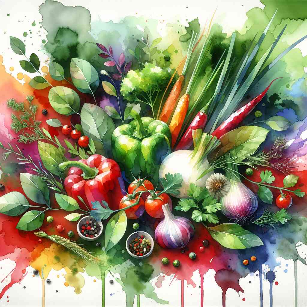 Vibrant watercolor painting of fresh vegetables including bell peppers, garlic, carrots, and herbs on a colorful splattered background.