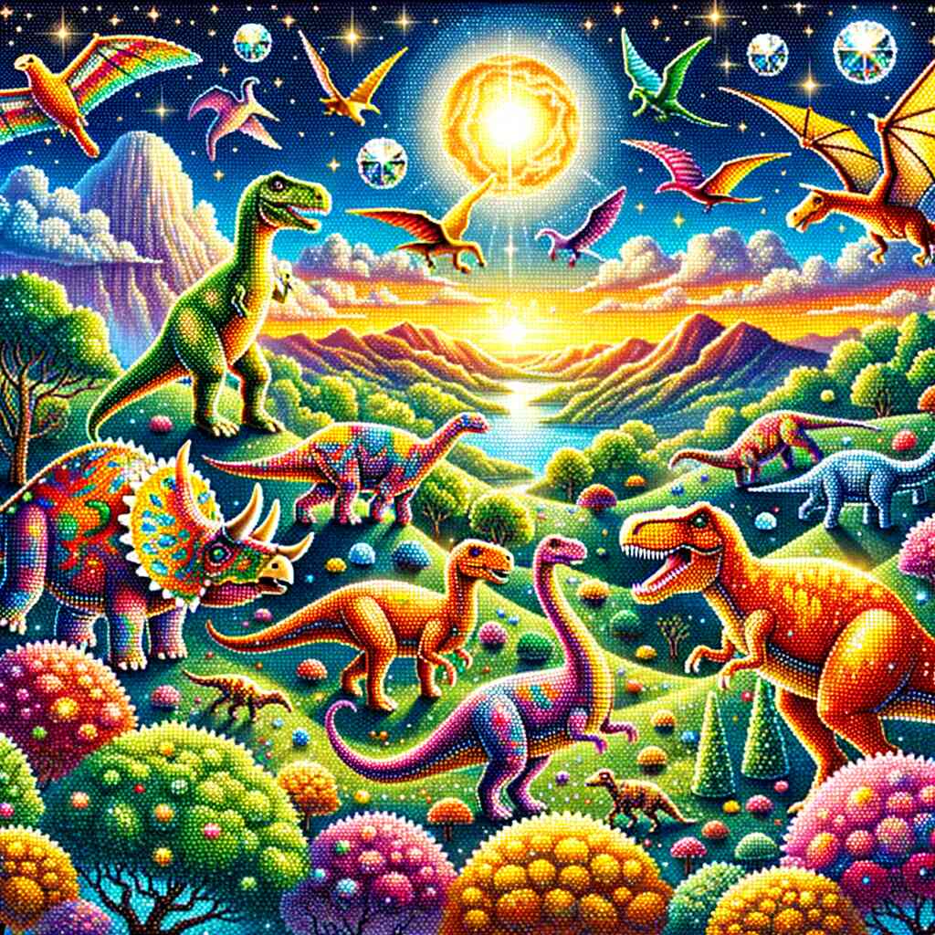 Vivid diamond painting depicting a colorful dinosaur world at sunset with vibrant foliage and various dinosaurs.