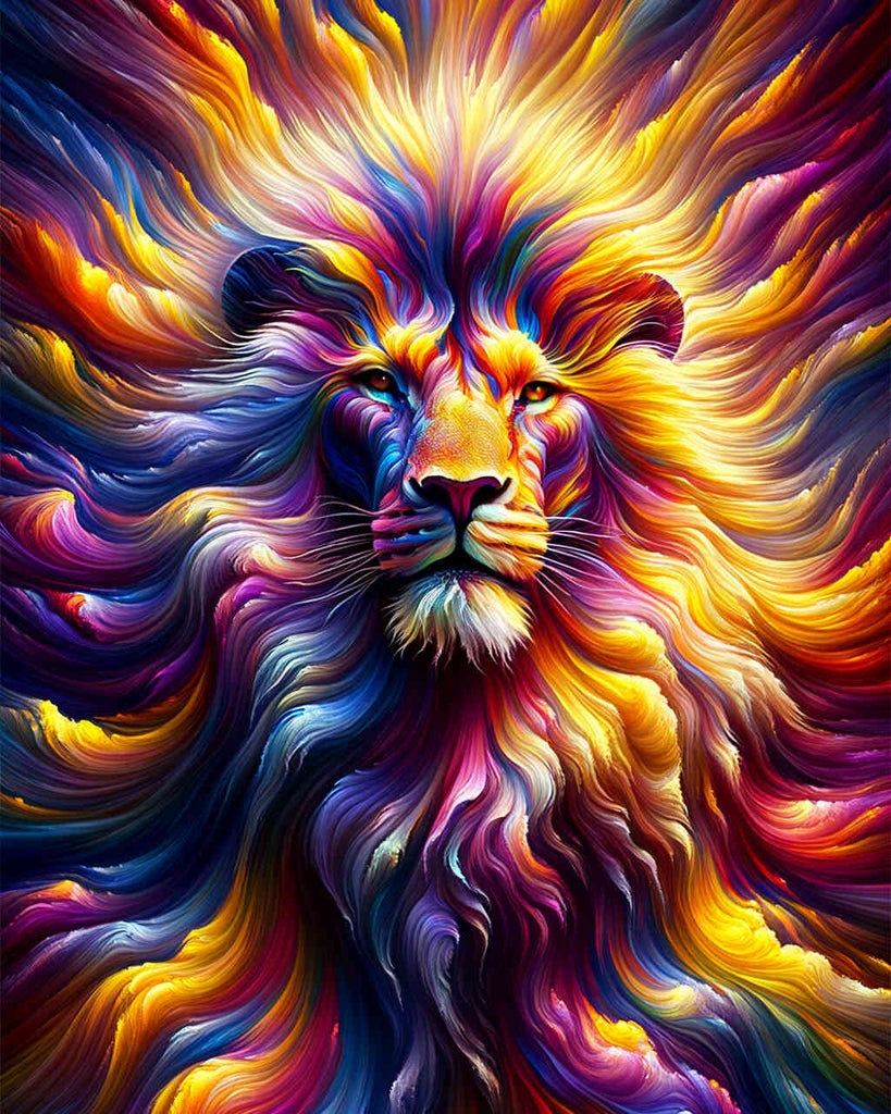 Colorful diamond painting of a lion with vibrant, flowing mane, showcasing a play of colors in a magical artwork.