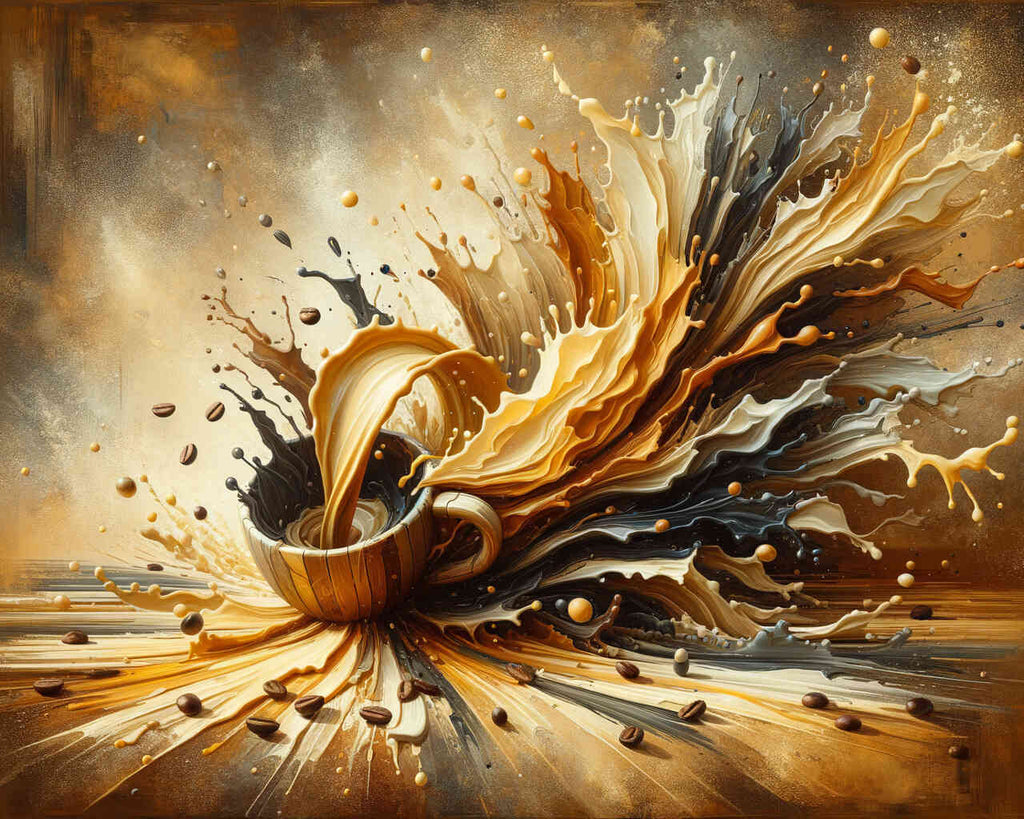 Artistic representation of coffee splash in a wooden cup, in a Diamond Painting titled "Coffee makes me stronger"