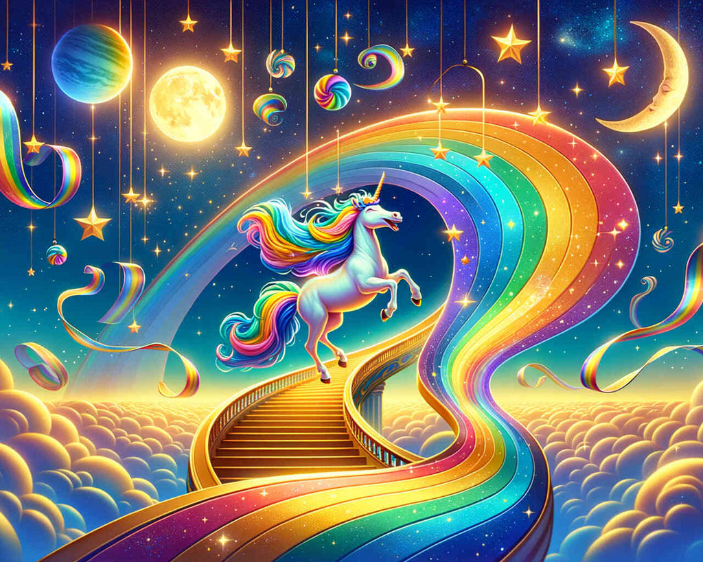 Diamond Painting - Rainbow unicorn in front of the stairs to the rainbow