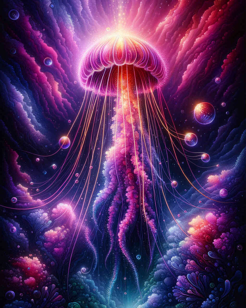 Diamond painting depicting a luminous jellyfish in vibrant colors, floating in a magical, deep ocean setting.