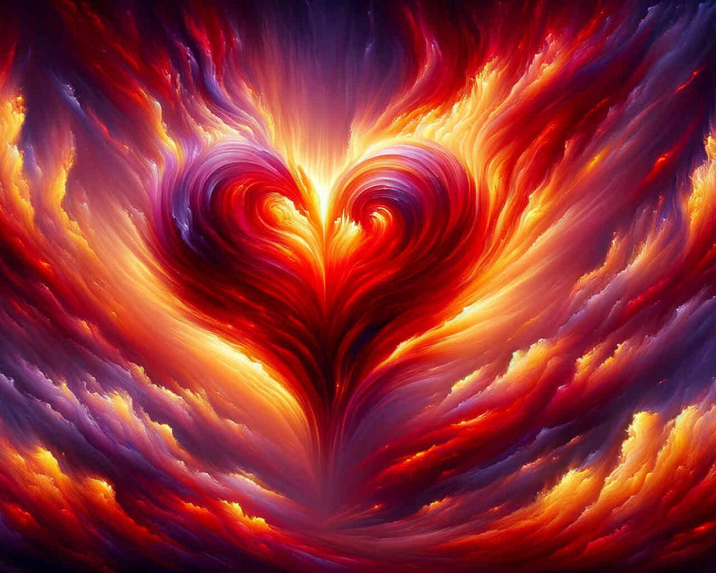 Vibrant diamond painting of a heart-shaped design emanating fiery orange, red, and purple hues, symbolizing love and passion.