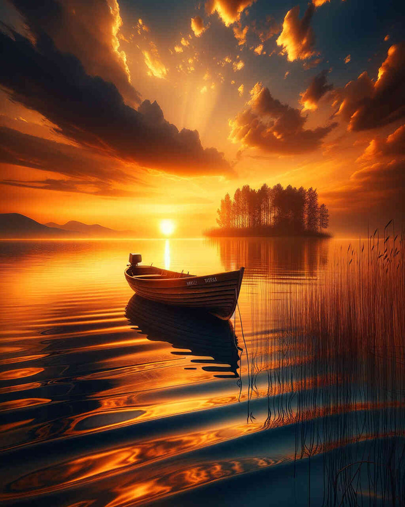 Diamond Painting - Boat in the lake evening mood