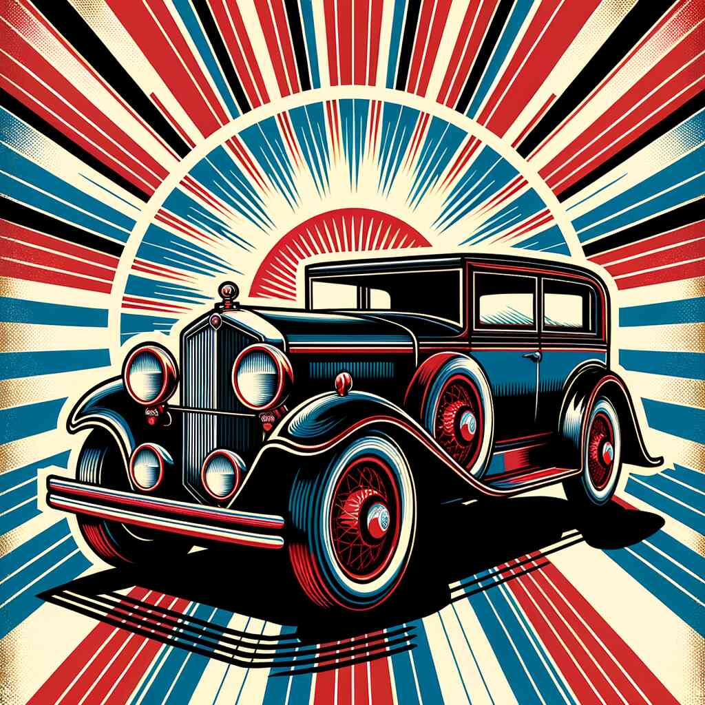 Retro car diamond painting with vibrant red, blue, and beige colors radiating from the background.