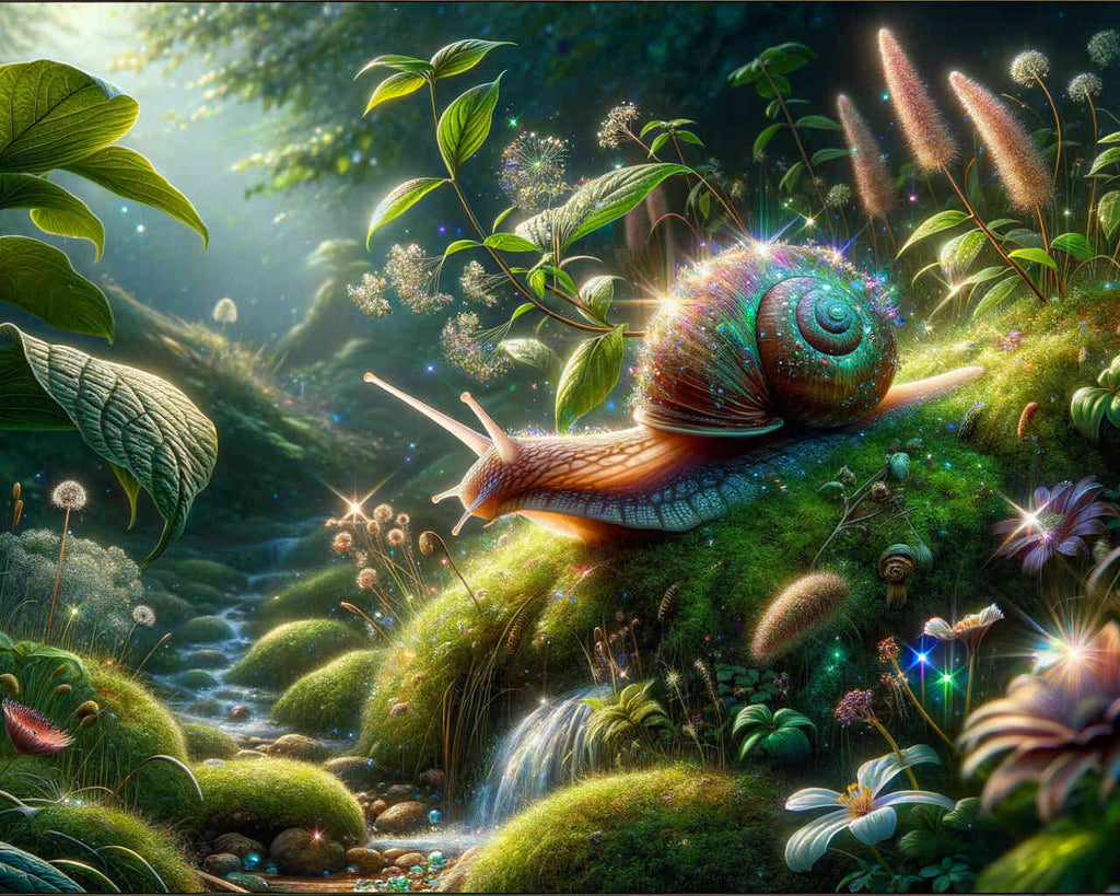 Diamond Painting of a Forest Snail with Glittering Shell in Lush Greenery