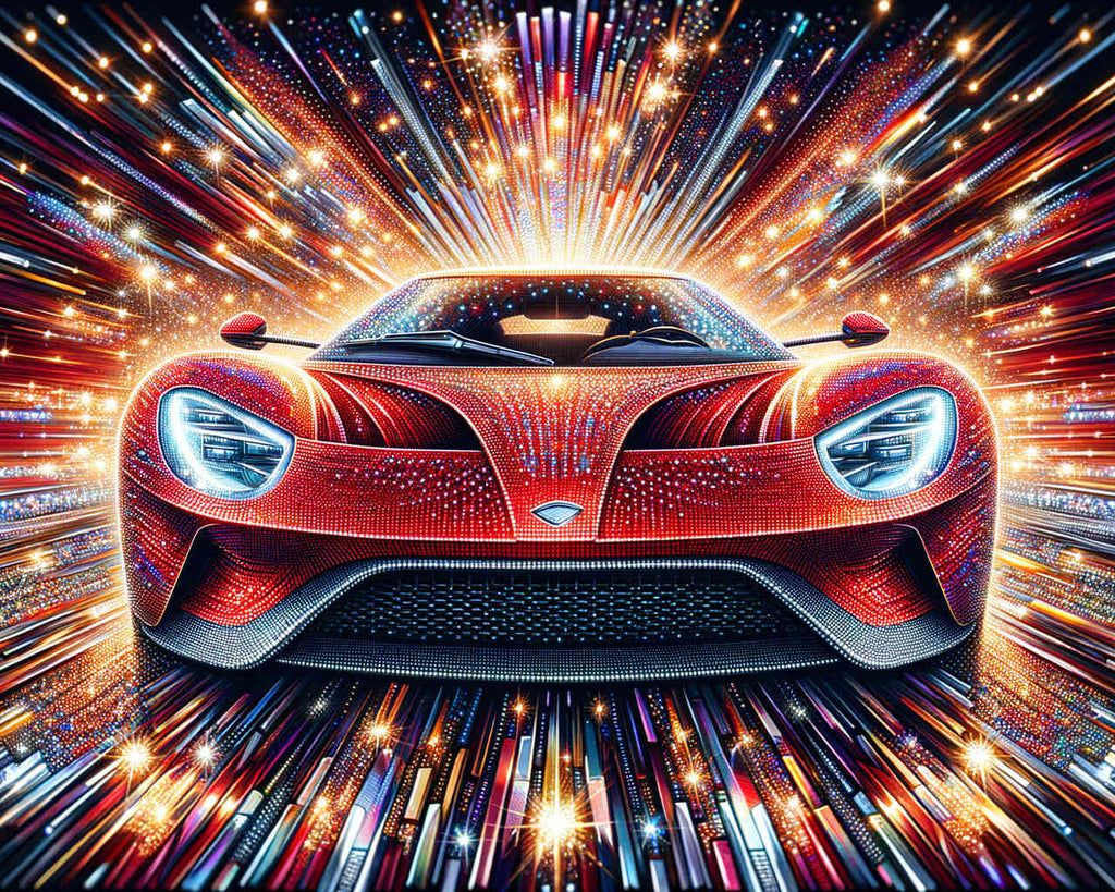 Diamond painting of a vibrant red car with dazzling lights and intricate details, creating a stunning and bright visual effect.