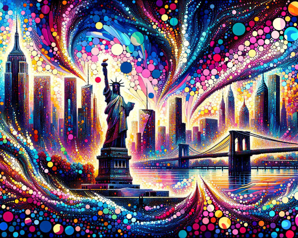 Colorful diamond painting of New York City featuring the Statue of Liberty, skyscrapers, and Brooklyn Bridge amidst vibrant splashes and dots.