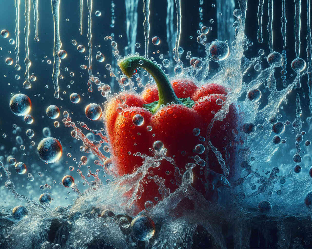 Red bell pepper splashing into water with bubbles, represented as a detailed diamond painting artwork.