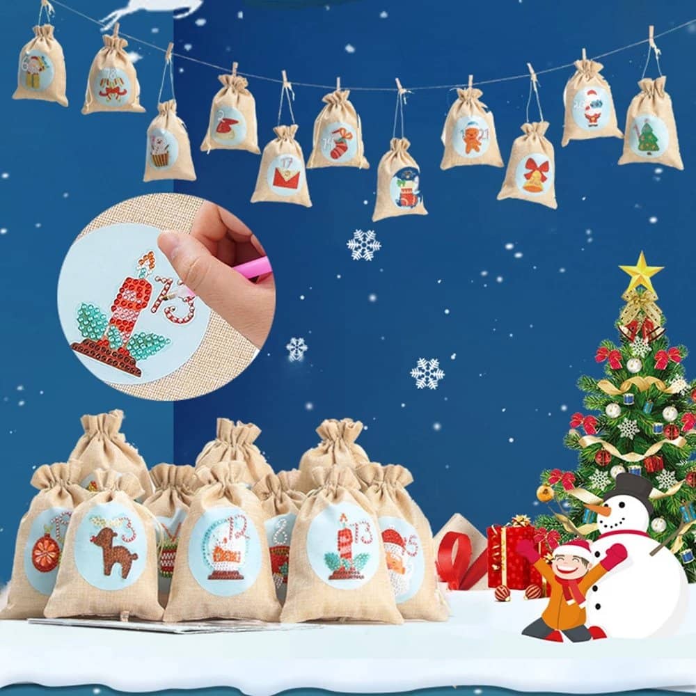 Diamond Painting Advent Calendar with small diamond art projects for holiday countdown, featuring festive bags and winter decorations