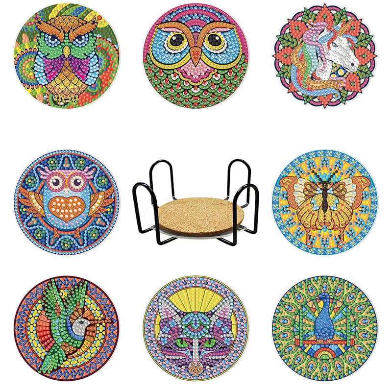 Round diamond painting coasters with colorful animal designs arranged around a coaster holder.