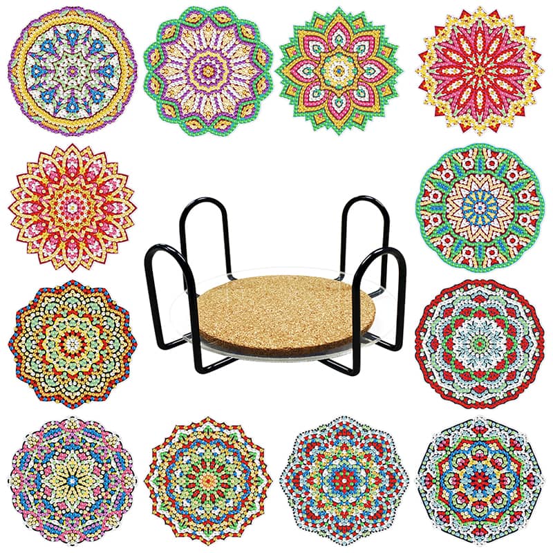 Set of vibrant flower mandala diamond painting coasters with holder for home decor and table protection