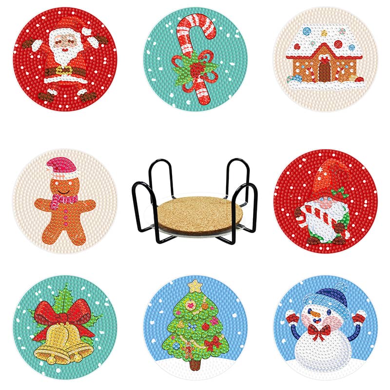 Christmas-themed diamond painting coasters featuring Santa, gingerbread, candy cane, snowman, Christmas tree, and bell designs with a coaster holder