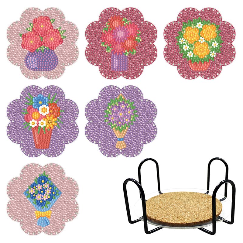 Diamond Painting Coaster Set with Flower Designs and Holder