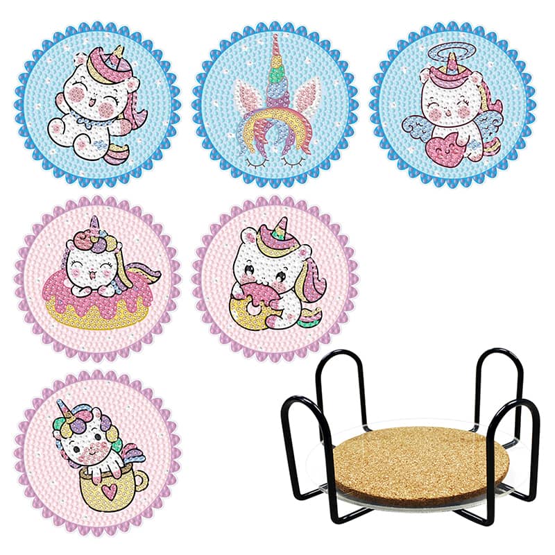 Diamond Painting Coaster set featuring cute unicorn designs with a coaster holder, perfect for protecting surfaces and adding artistic decor.