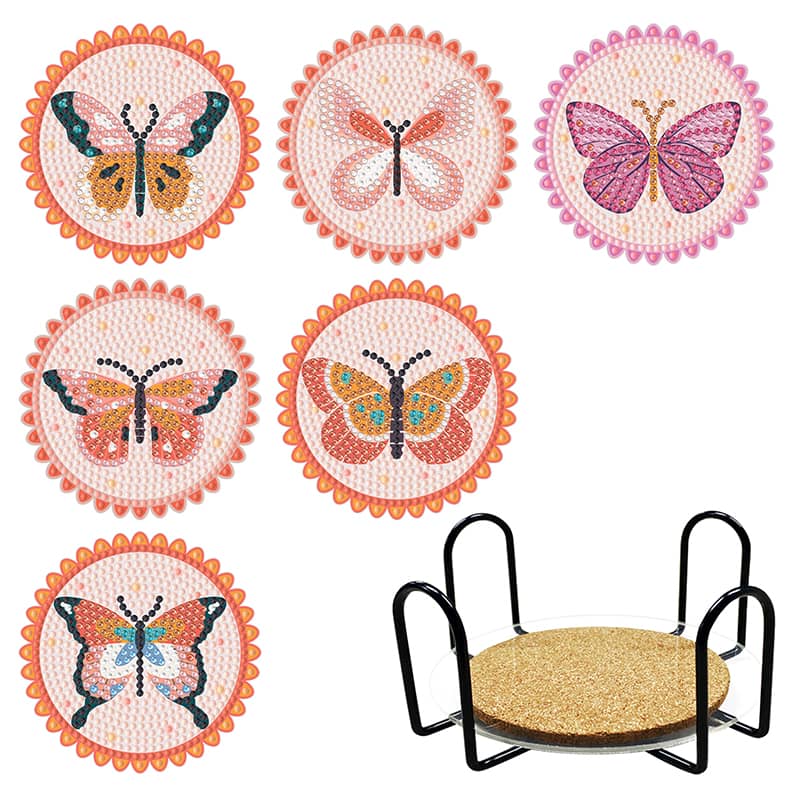 Diamond Painting Coaster - Butterflies set with vibrant designs and coaster holder, perfect for adding artful protection to your table surfaces.