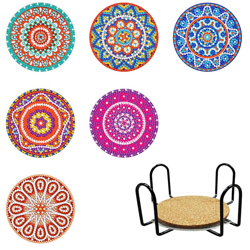 Diamond painting coasters set with colorful mandala designs and holder.