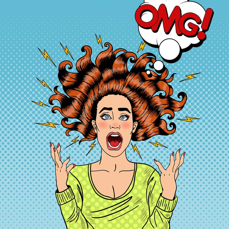 Cartoon woman with red curly hair screaming in shock with "OMG!" text above her head in comic book pop art style.