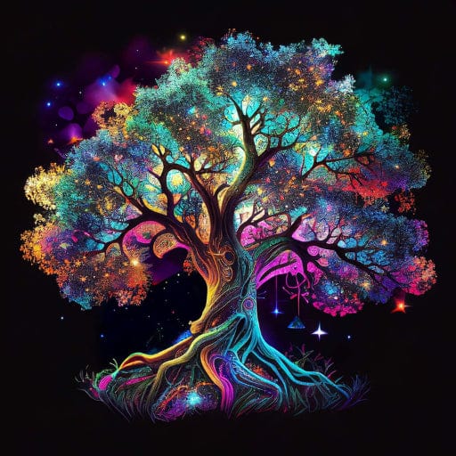 Colorful Diamond Painting of Tree of Life with vibrant hues on a black background