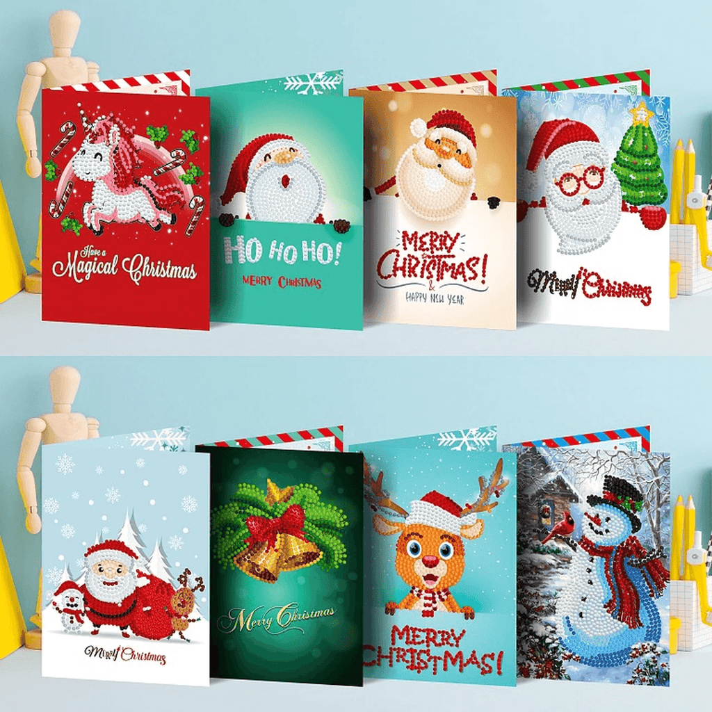 Diamond Painting Christmas cards set with festive designs including Santa, snowmen, reindeer, bells, and holiday greetings