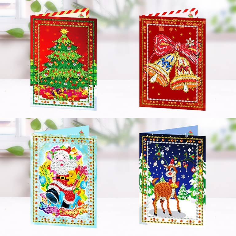 Diamond Painting Christmas greeting cards featuring a Christmas tree, bells, Santa Claus, and a reindeer.