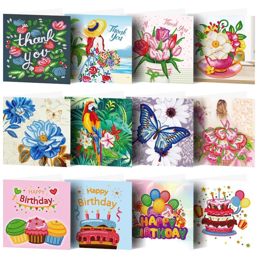 Diamond Painting Postcards - 12 Happy Birthday Cards with Vibrant Designs Featuring Flowers, Animals, and Celebration Themes.