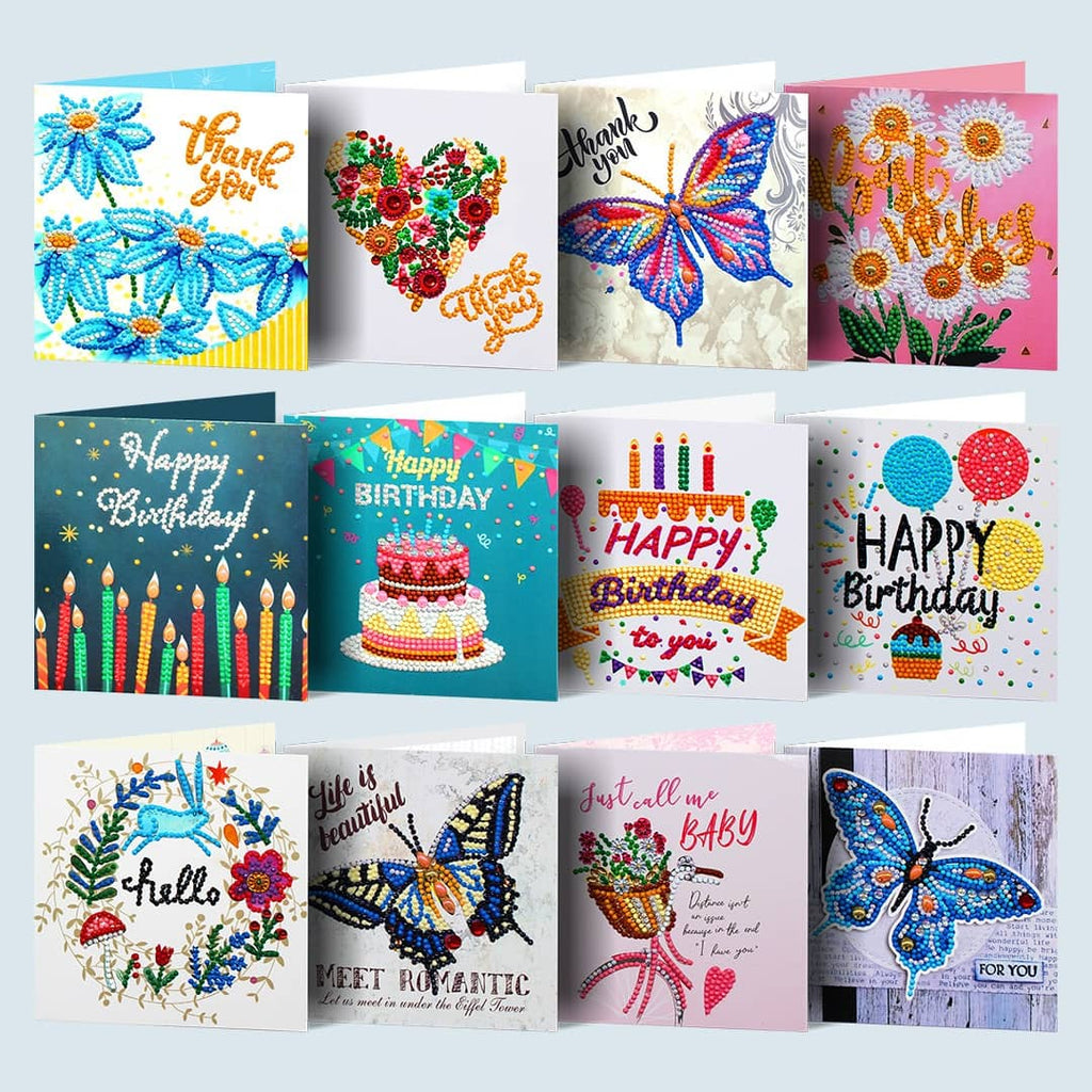 "Diamond Painting Postcards - 12-piece set of sparkling greeting and birthday cards with unique designs including flowers, butterflies, and cakes"