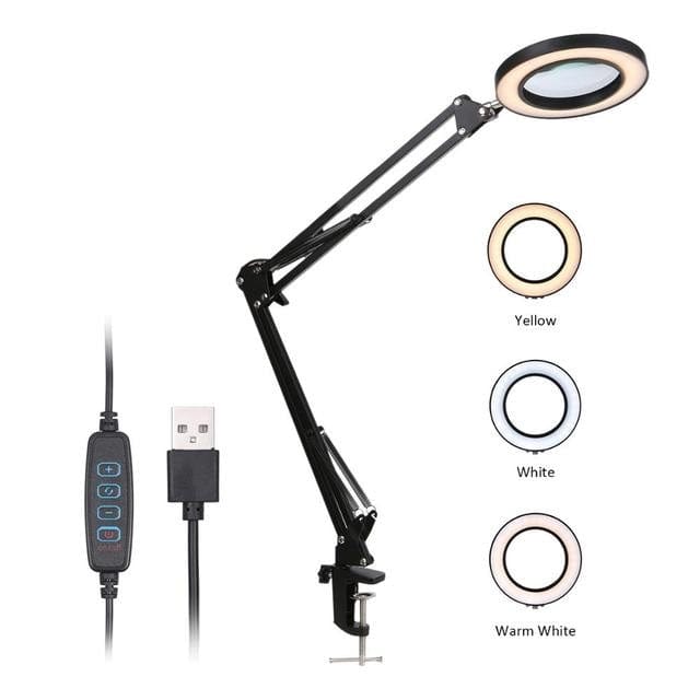 Adjustable arm dimmable LED magnifier with USB control and three light color options: yellow, white, and warm white.