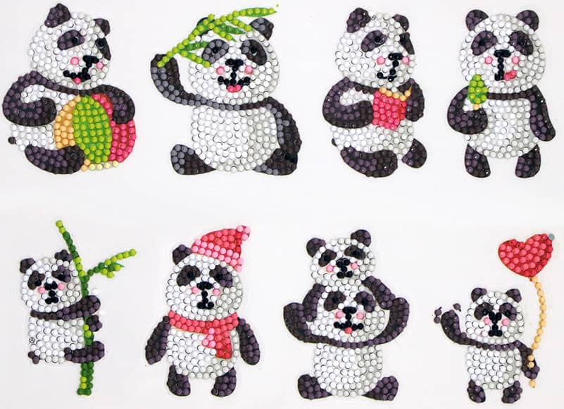 Diamond painting stickers featuring adorable panda bears in various playful designs, perfect for crafting and personalizing items.