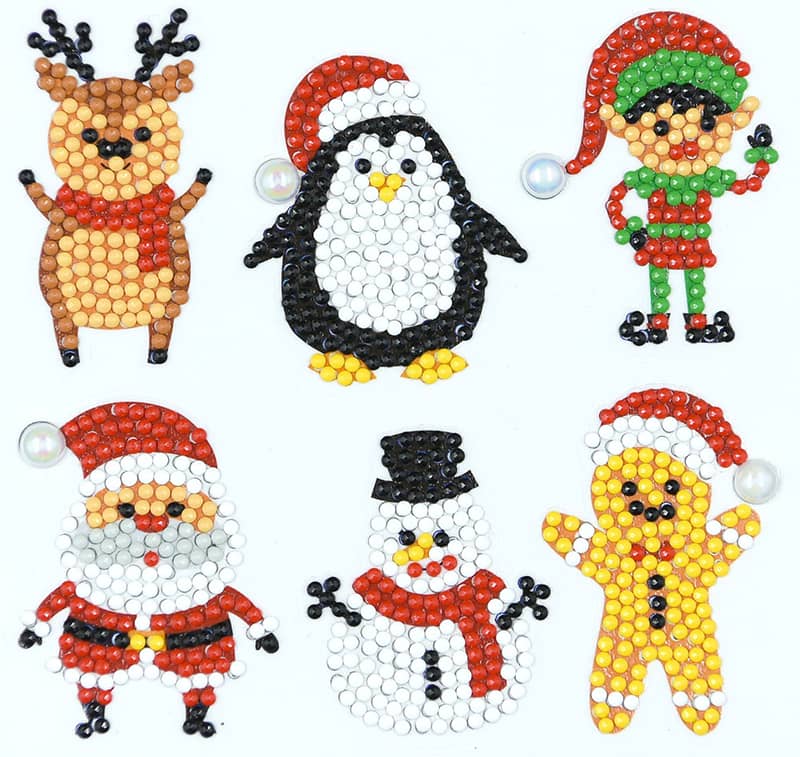 Christmas diamond painting stickers including reindeer, penguin, elf, Santa, snowman, and gingerbread man designs.